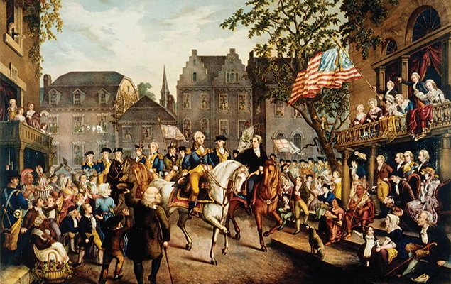 Historical illustration depicting George Washington's triumphal entry into Philadelphia, with a crowd celebrating in the streets.
