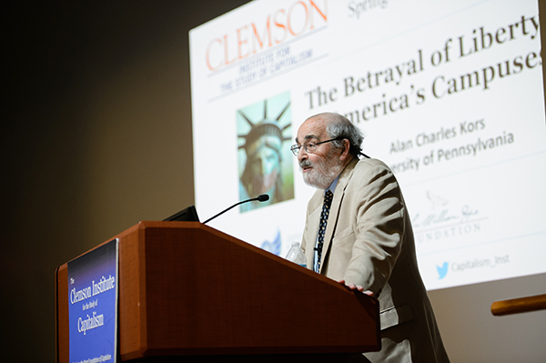 A speaker presents during a lecture titled "The Betrayal of Liberty on America's Campuses" at Clemson University.