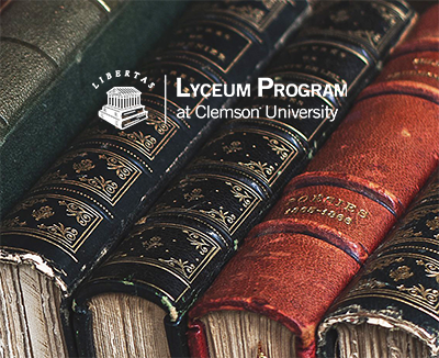 Stacked books with Lyceum Program at Clemson University