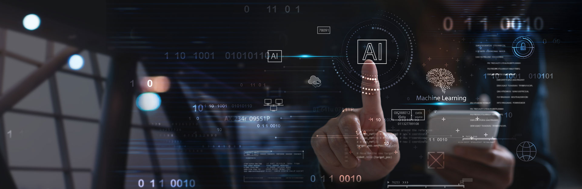 Woman using screen with words AI and Machine Learning on it.