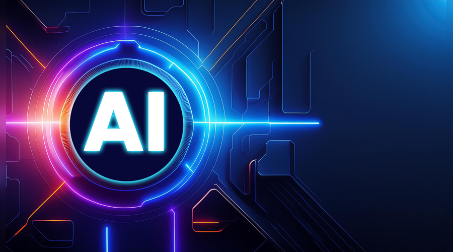 Glowing AI text inside a neon circular interface on a futuristic circuit-board background.