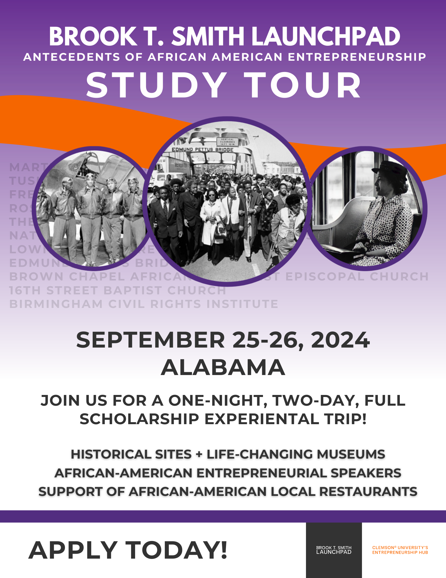 Flyer for the Brook T. Smith Launchpad “Antecedents of African American Entrepreneurship” Study Tour, September 25–26, 2024 in Alabama, featuring three historic black-and-white photos and a call to apply today.