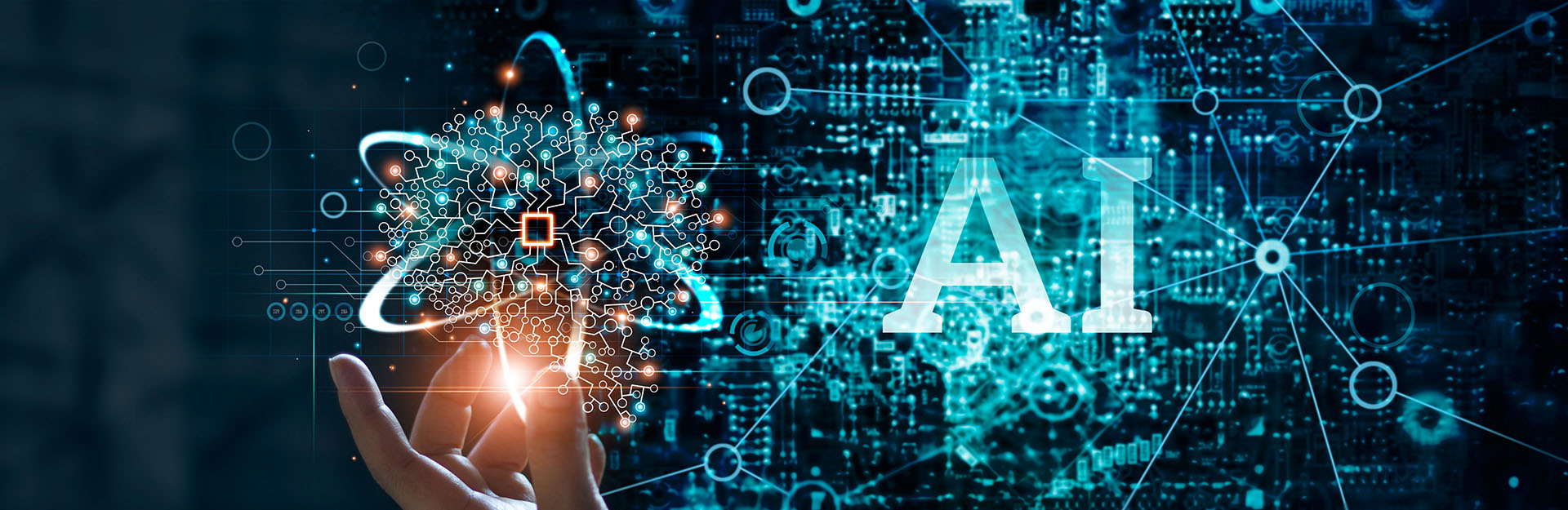 AI demonstration with circuit board and hand holding a futuristic concept for Artificial Intelligence