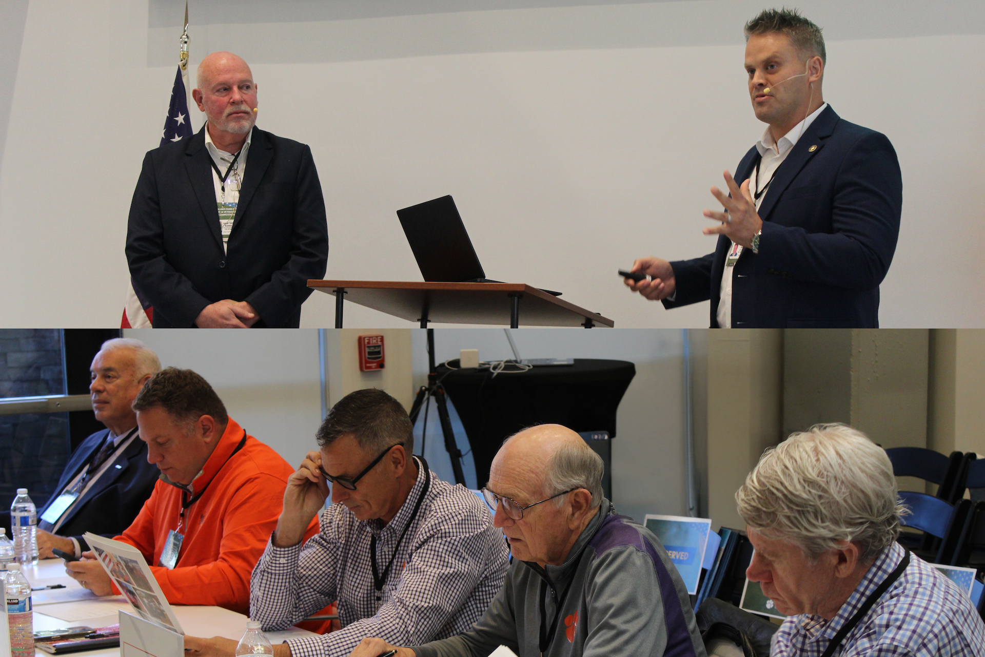Two panels at a conference featuring a speaker presenting with a laptop and an audience of attentive participants engaged in discussion.