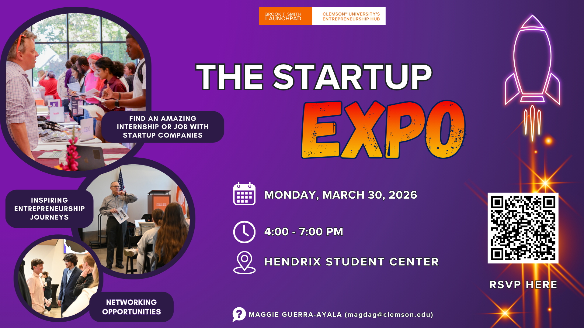 Promotional poster for the Startup Expo featuring event details such as date, time, location, and activities like networking opportunities and internships with startups.