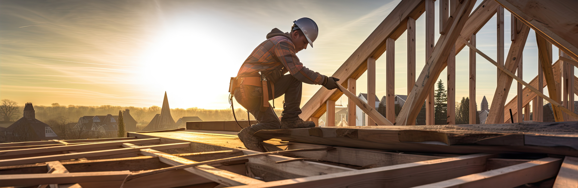 Man working on the top of an exposed roof in construction