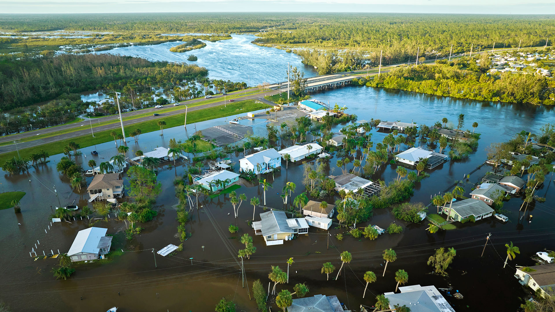 Hurricane Ian flooded houses in Florida residential area.