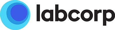 Labcorp logo featuring a blue and cyan circular design alongside bold black text.