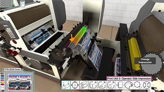 3D simulation of a flexographic printing press with rollers and printed film web, showing the operator-side impression change controls.