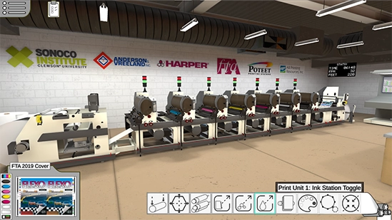 Industrial printing press line with multiple flexographic print units in a training lab, with company logos on the wall.