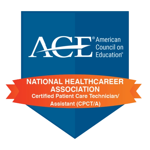 Logo for the American Council on Education (ACE) featuring a badge for the Certified Patient Care Technician/Assistant (CPCT/A) credential from the National Healthcareer Association.