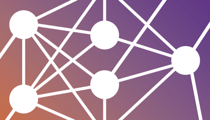 A rhizome-like network on a gradient background. Each node in the network connects to other nodes. Some connect off of the image itself.