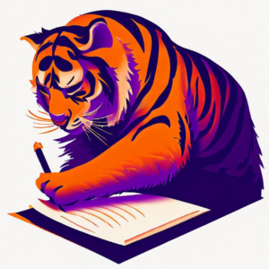 A tiger writes on a document.