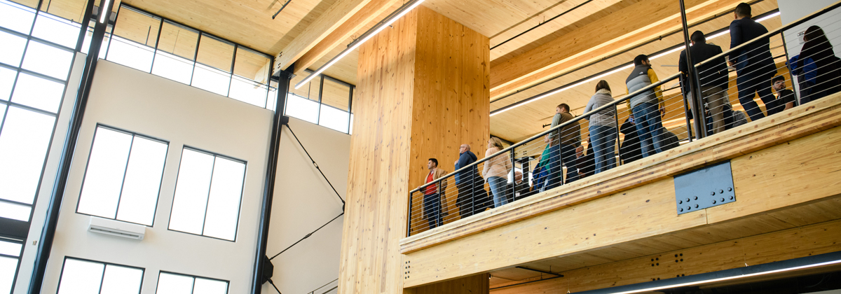 The new Outdoor Education Center, located at the Snow Family Outdoor Fitness and Wellness Center, features a unique blend of steel beams and southern yellow pine cross-laminated timber in its construction.
