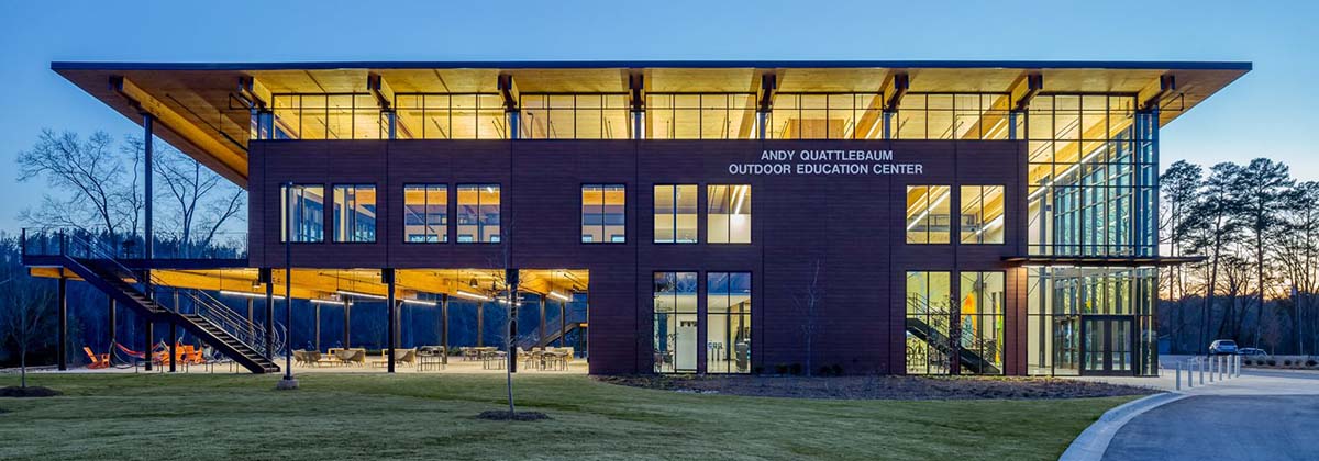 The exterior of the Outdoor Education Center, located at the Snow Family Outdoor Fitness and Wellness Center