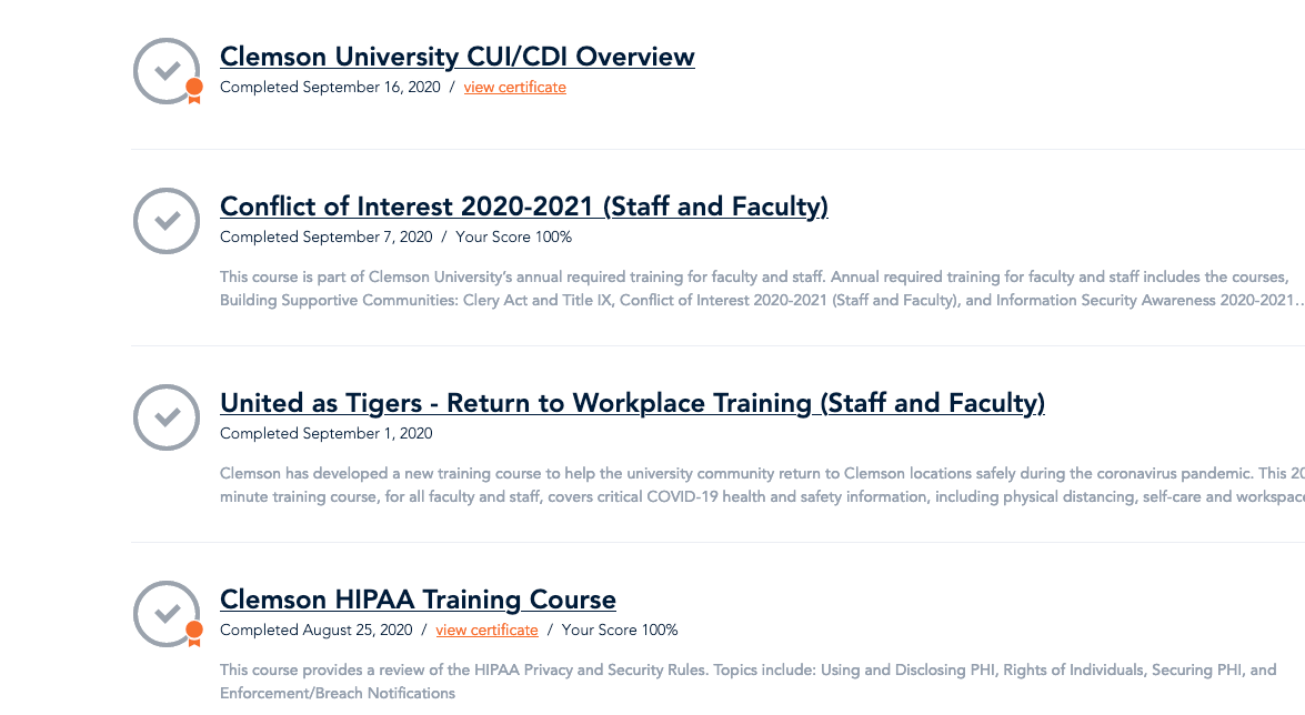 View of a sample of completed courses listed in bridge with a checkmark icon to the left of each course's title and a completion date below each title.