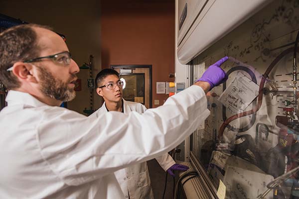 Clemson Honors student and faculty member working in a lab. 