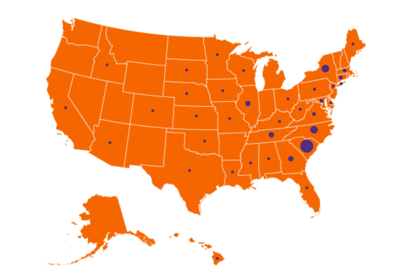 an orange map of the United States of America with purple spots that show where Honors students are from throughout 35 states, with South Carolina being the highest.
