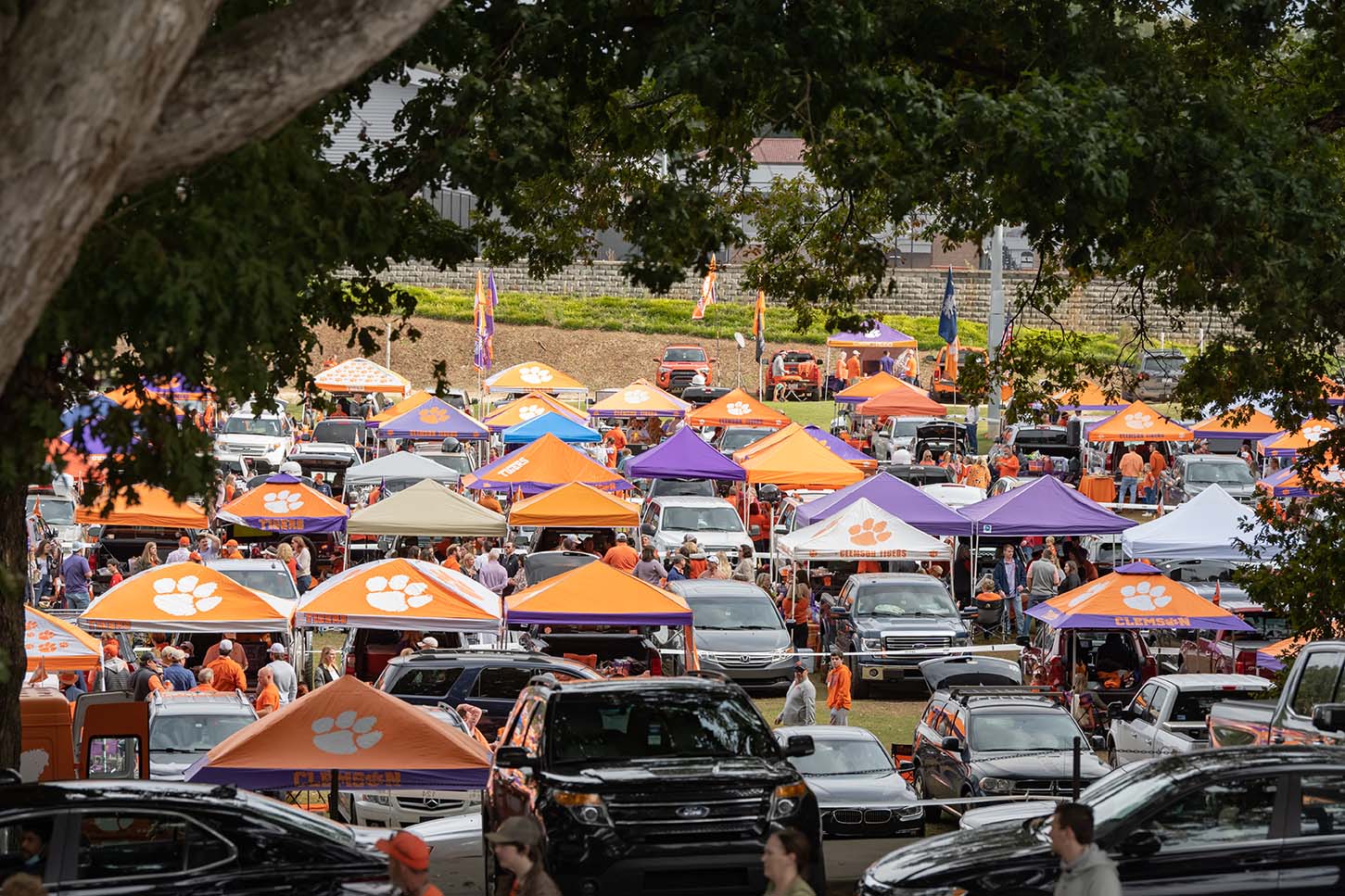 A sea of tailgating tents at a Clemson football game in 2021.