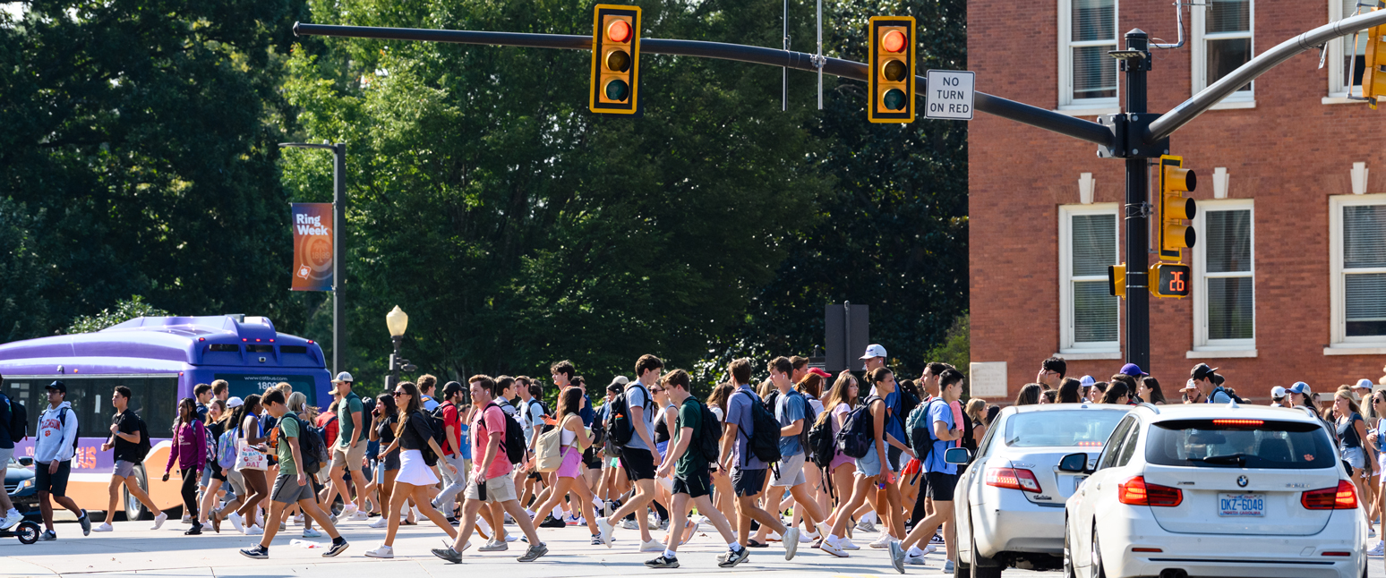 Students crossing the street during a class change