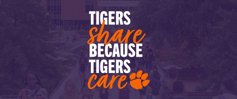 A text design of 'Tigers Share Because Tigers Care' on a purple background with students working on campus