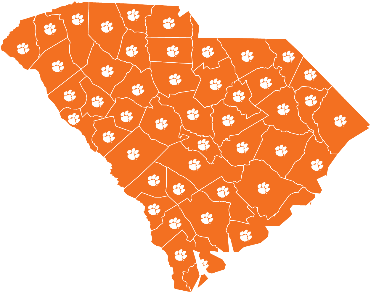 Image of a South Carolina map with Paw Prints in place of counties