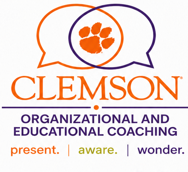 Clemson Organizational and Educational Coaching logo with overlapping orange and purple speech bubbles and an orange paw print, plus the tagline “present. aware. wonder.”.