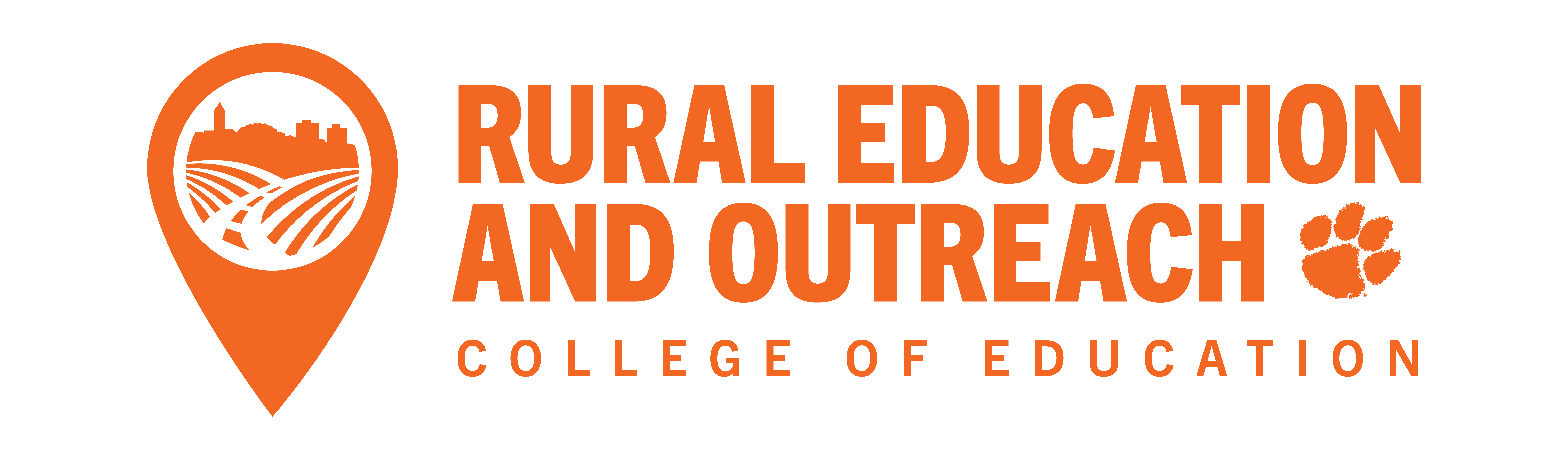 Logo for the Rural Education and Outreach program within the College of Education, featuring an orange pin and rural landscape imagery.