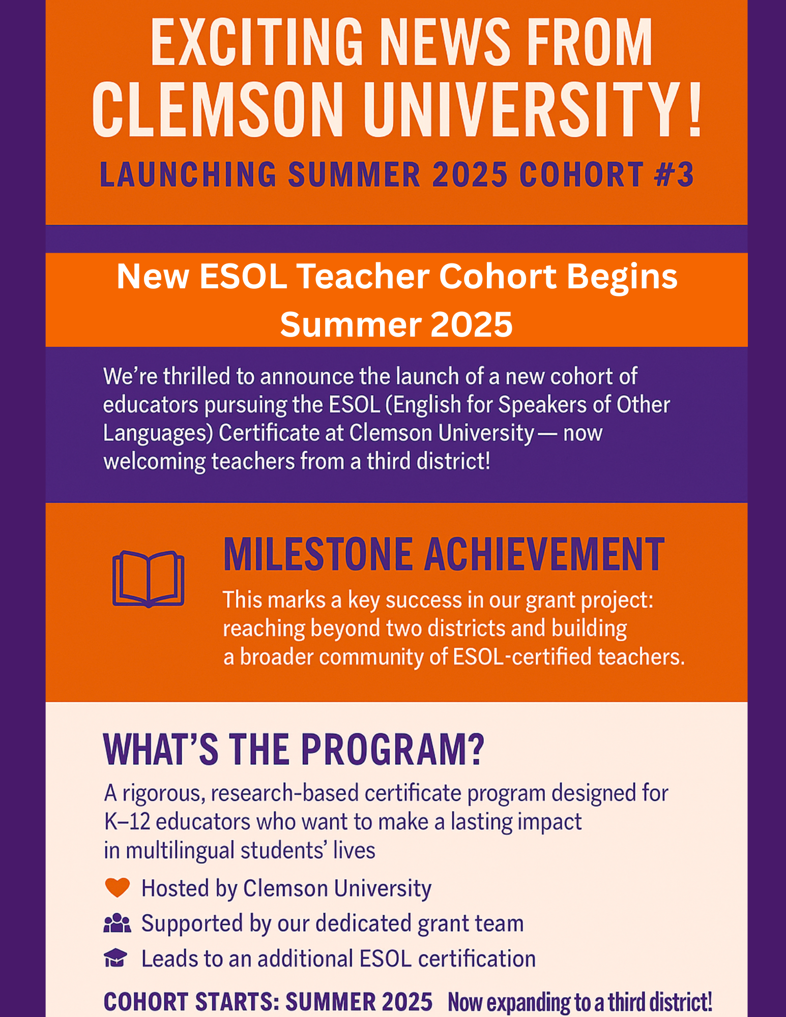 Announcement graphic for the launch of the new ESOL Teacher Cohort at Clemson University, highlighting the program's goals and achievements.