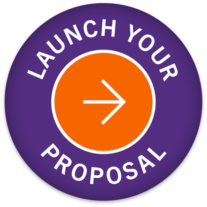 This image is a circular button design with a purple background. Inside the circle, there is a smaller orange circle with a white border. At the center of the orange circle, there is a white right-pointing arrow. Surrounding the orange circle, the words "LAUNCH YOUR PROPOSAL" are written.