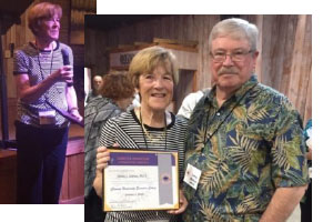 Image collage with Dr. Gahan speaking into a microphone inset with Dr. Gahan holding award certificate