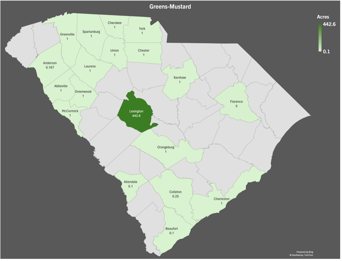 map of greens-mustard production in sc