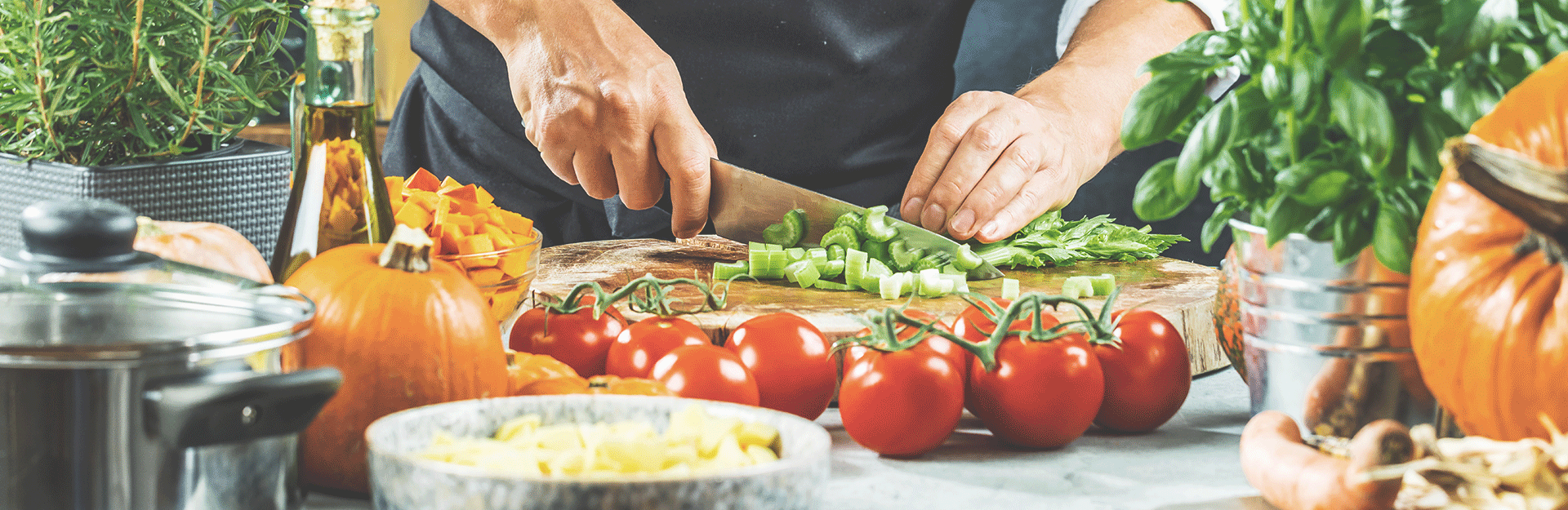 chef prepping food on a kitchen counter