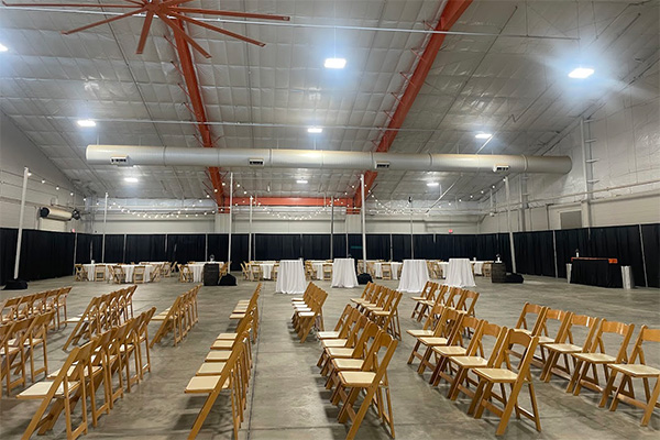cattle barn with chairs set out