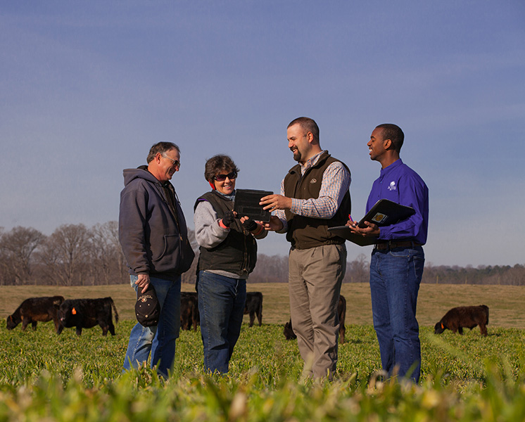 extension agent and clemson student speaking with a female farmer in her pasture