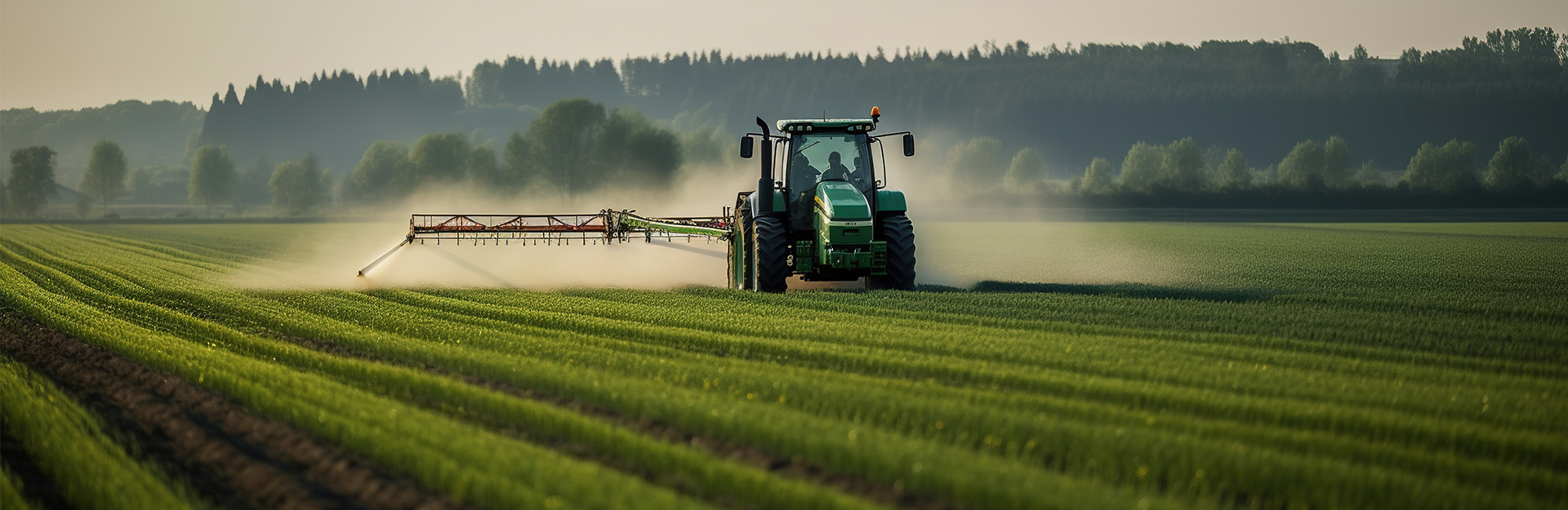 Tractor spraying field of soybeans