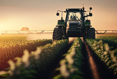 Tractor spraying soybeans