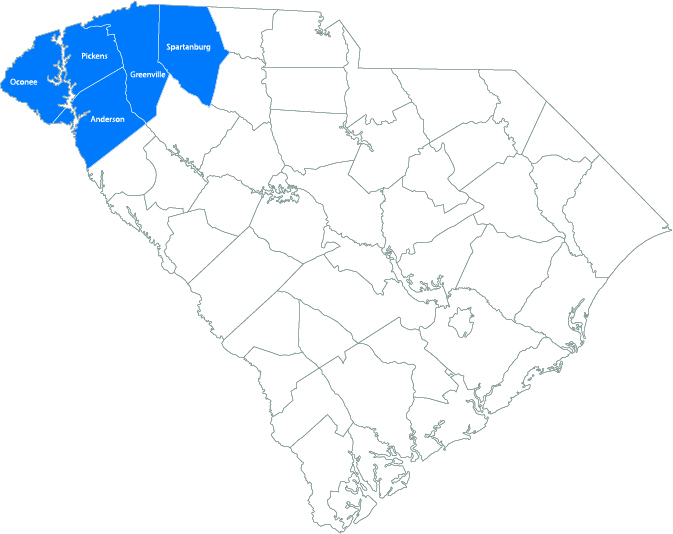 map of south carolina counties with region 1 counties filled with color
