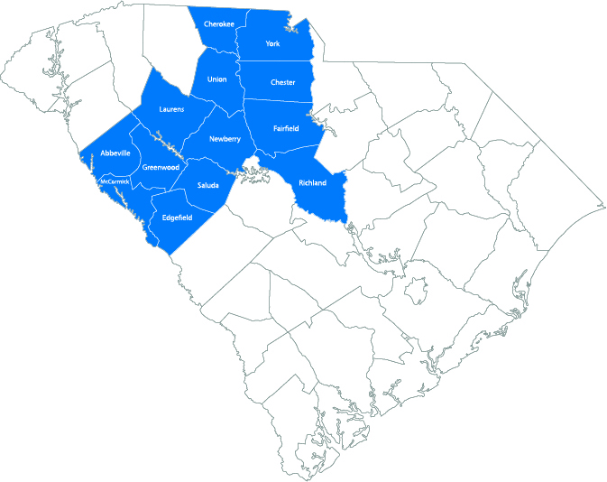 map of south carolina counties with region 2 counties filled with color