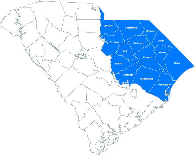map of south carolina counties with region 3 counties filled with color