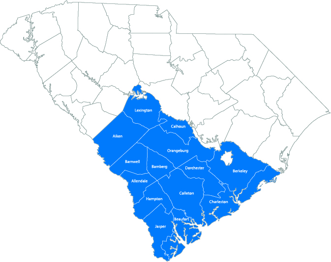 map of south carolina counties with region 4 counties filled with color
