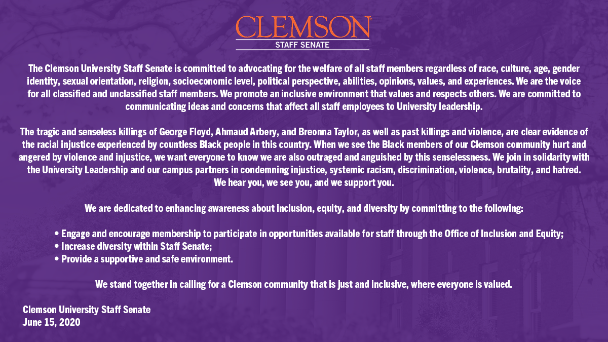 Text of Clemson staff senate's inclusion statement on purple background