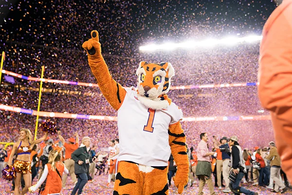 The Clemson Tiger mascot stands tall in Memorial Stadium within a dazzling array of orange and purple lights. class=