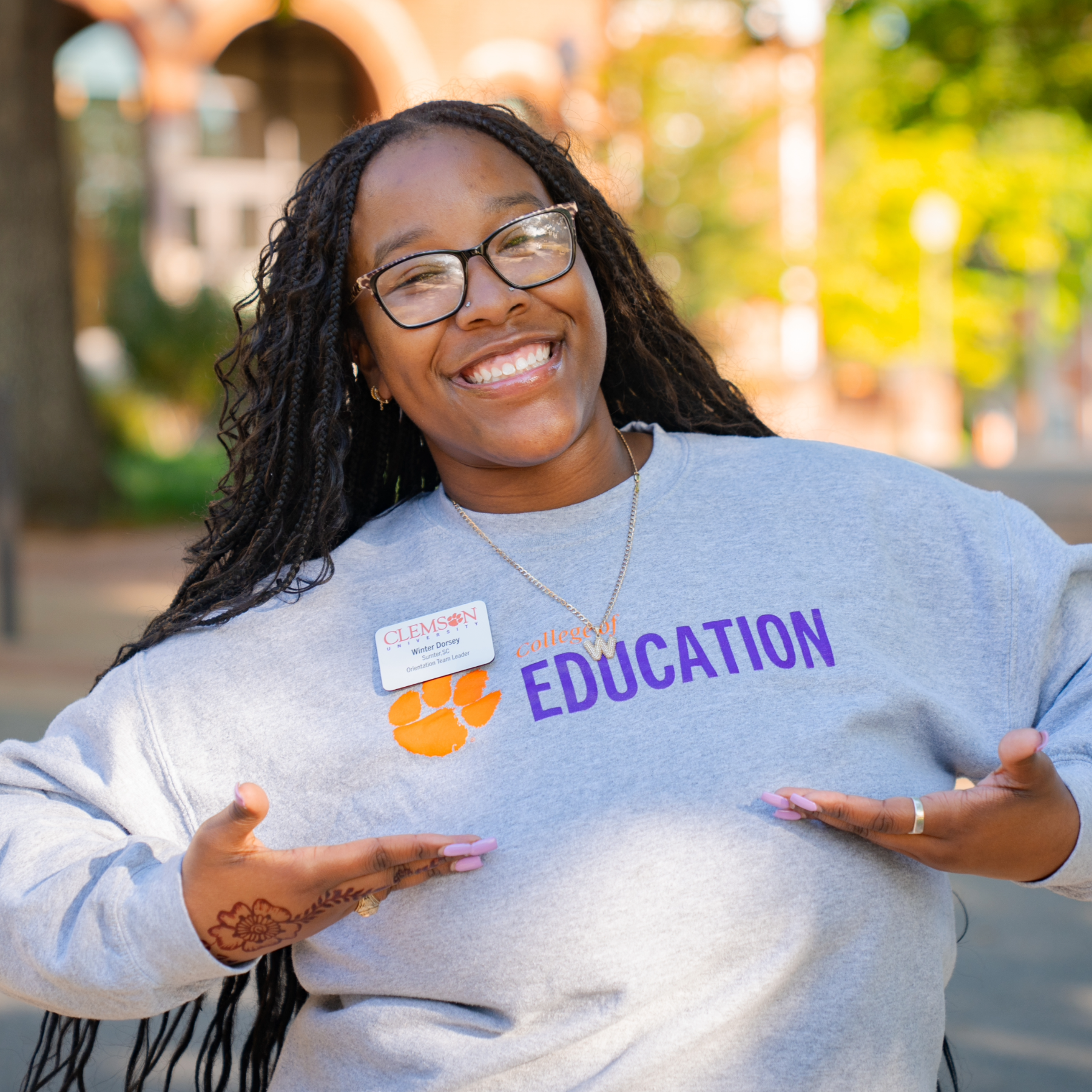 Headshot of Winter Dorsey in a Clemson College of Education sweatshirt