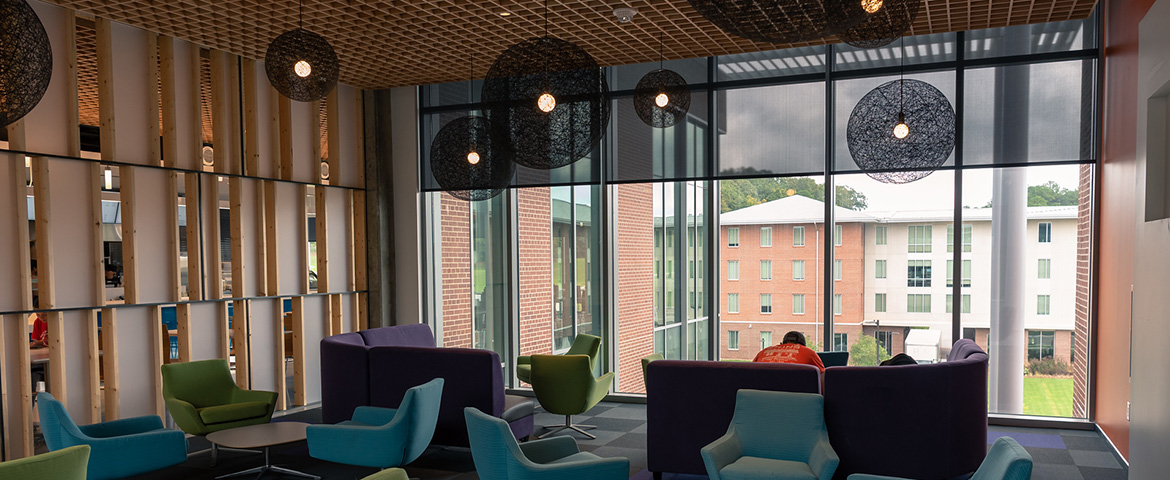 Black circular light fixtures illuminate a window-lined lounge in Douthit Hills.