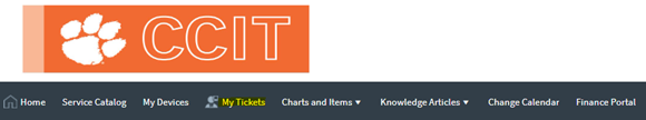 Clemson University CCIT website screenshot showing "My Tickets" hightlighted in yellow on the website menu.