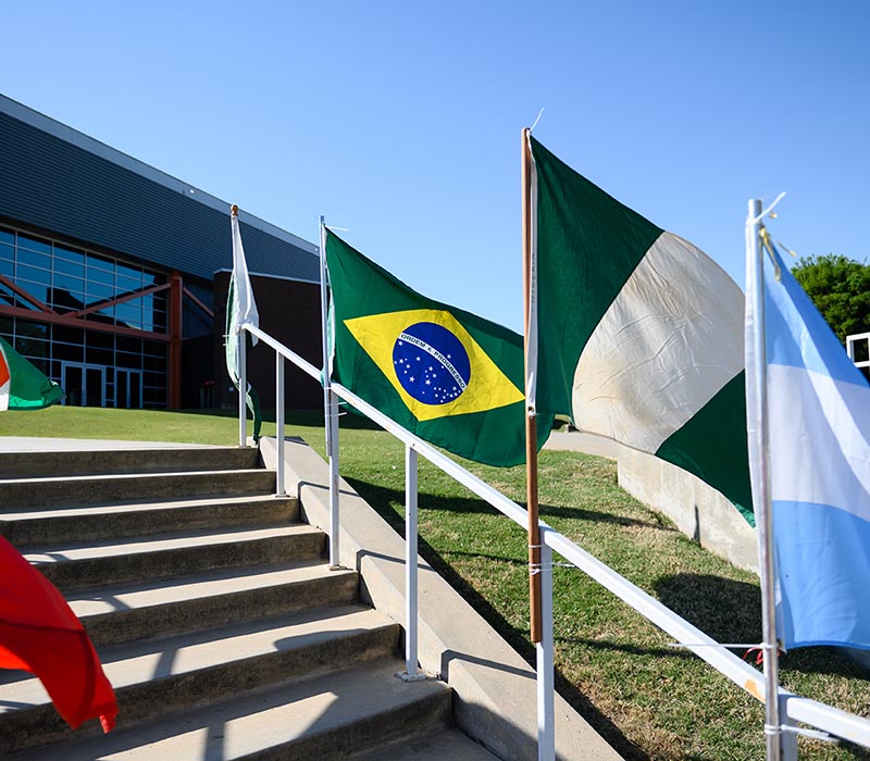 Flags on poles beside an outdoor staircase, including the Brazilian flag and a light blue and white flag, outside a modern building.