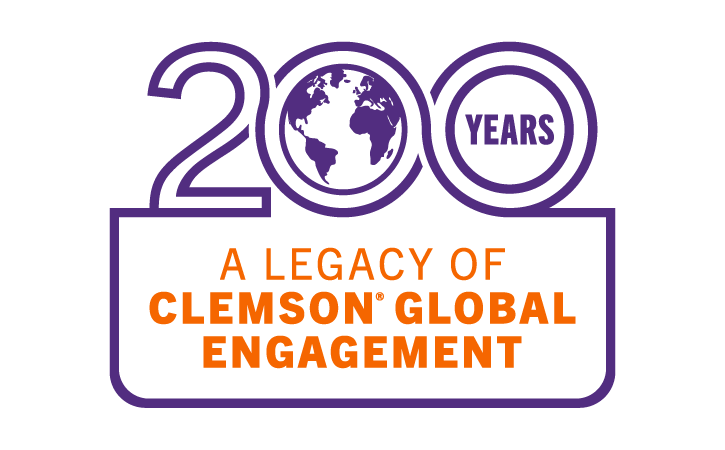 Clemson University 200th anniversary logo featuring a globe and the phrase "A Legacy of Clemson Global Engagement."