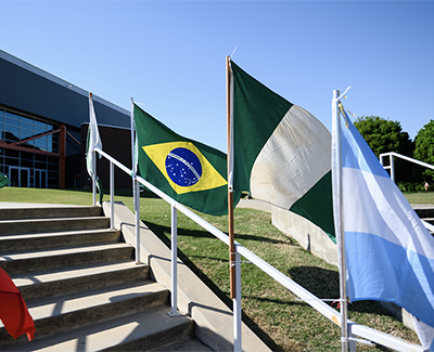 A series of international flags fly from a staircase on Clemson campus