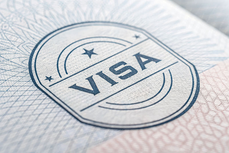 Close-up of a blue VISA logo embossed on a passport stamp.
